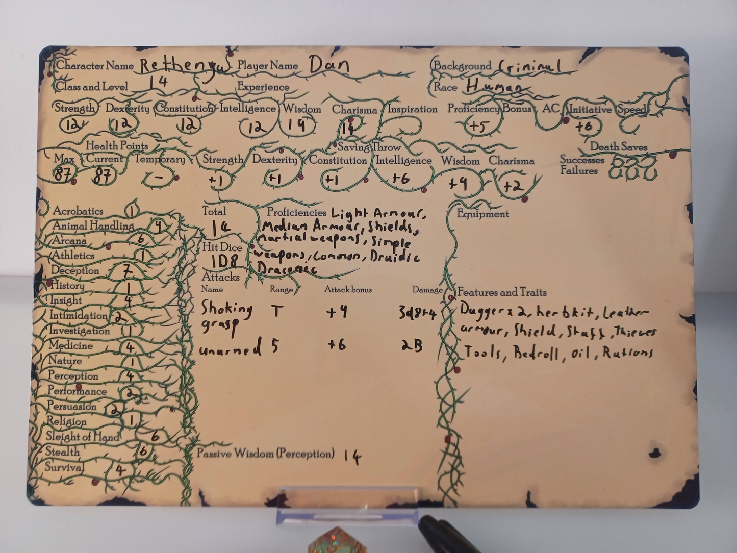 Druid themed Dungeons and Dragons Character Sheet