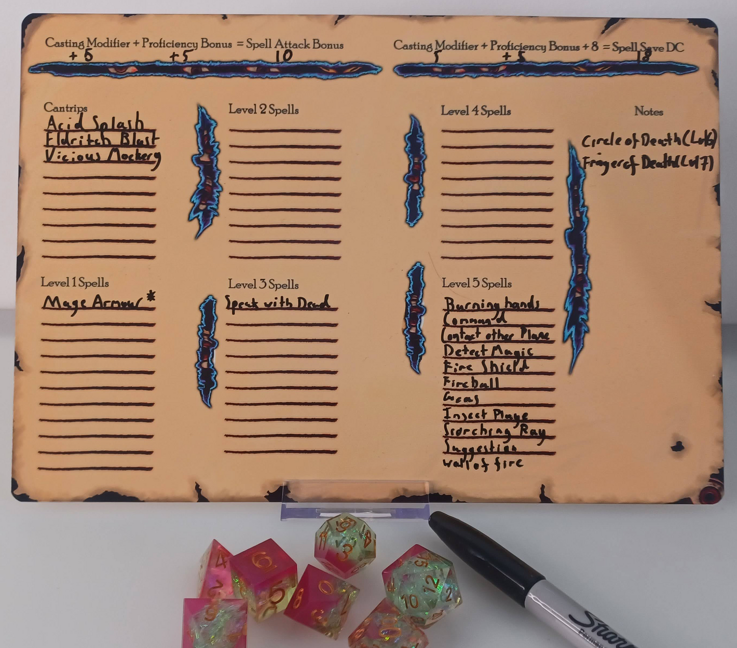 Warlock themed Dungeons and Dragons Character Sheet