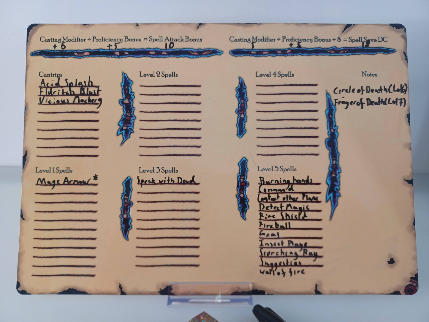 Warlock themed Dungeons and Dragons Character Sheet