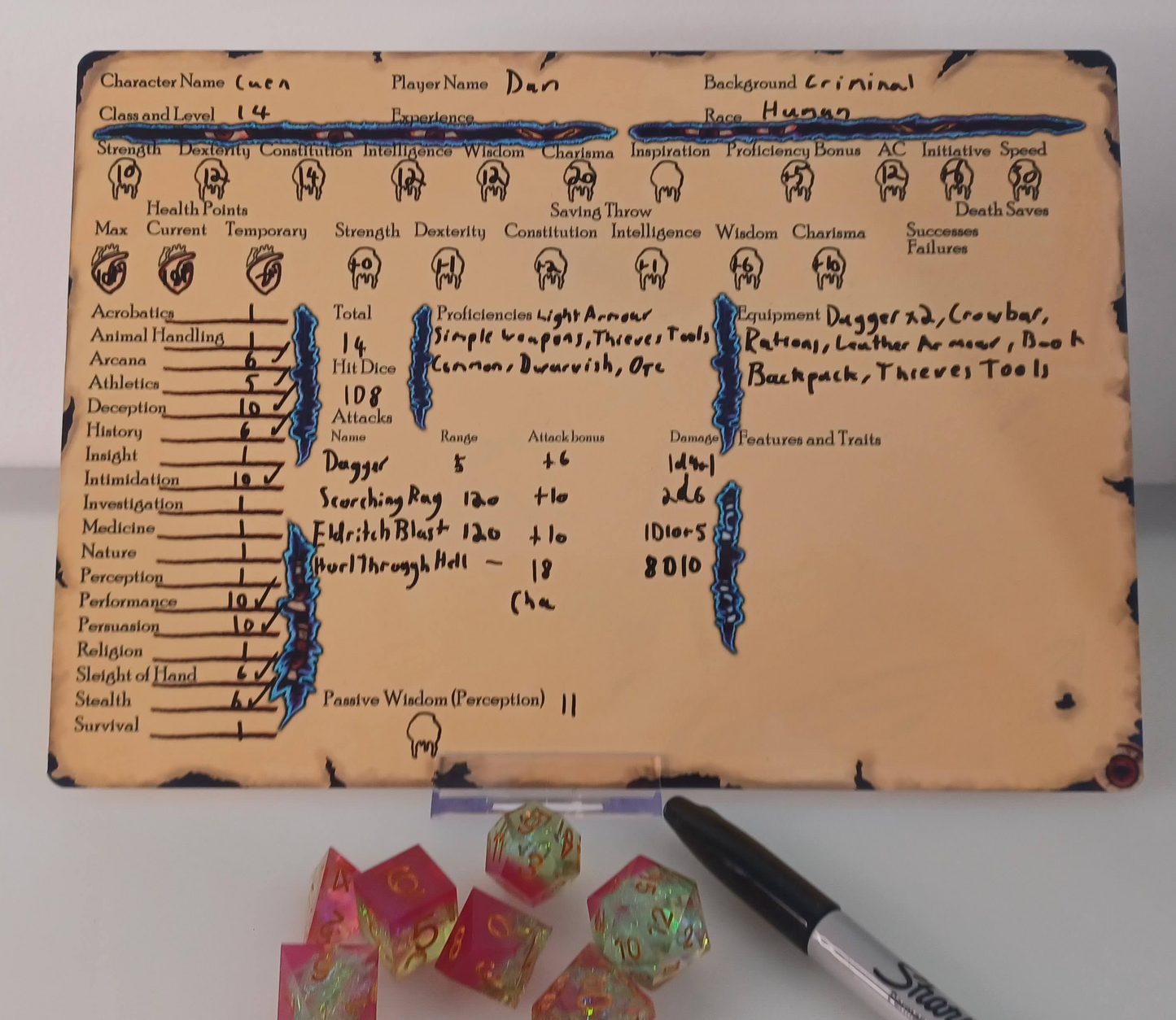 Warlock themed Dungeons and Dragons Character Sheet