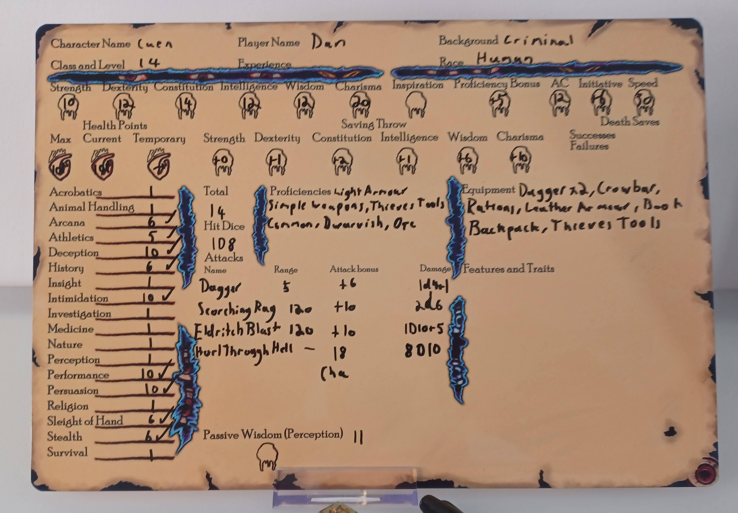 Warlock themed Dungeons and Dragons Character Sheet