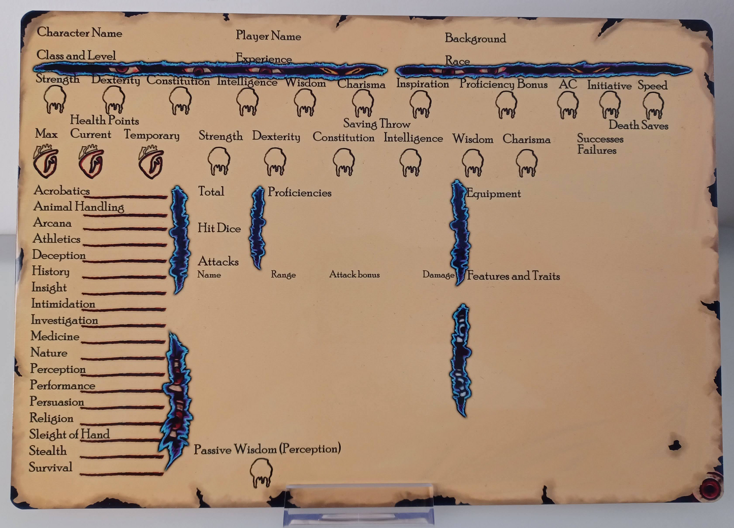 Warlock themed Dungeons and Dragons Character Sheet